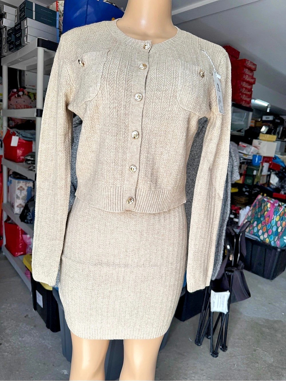 AZZ Women’s Beige Knit 2-Piece Cardigan & Skirt Set – Size S/M – New With Tags